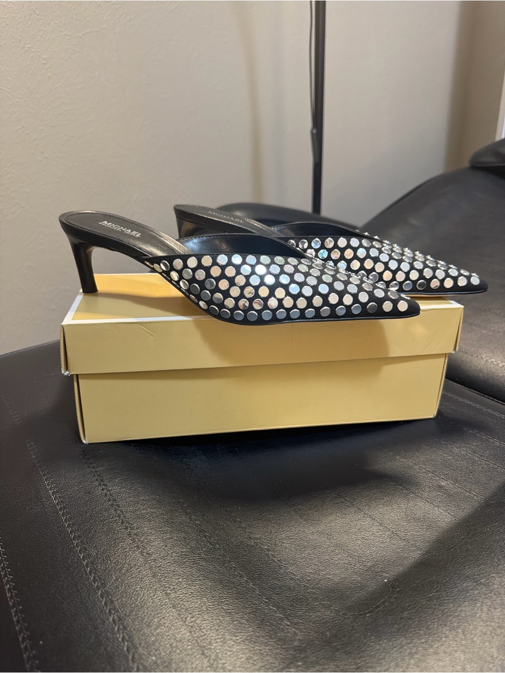 Michael Kors Black Pointed-Toe Slip-On Mules with Silver Studs